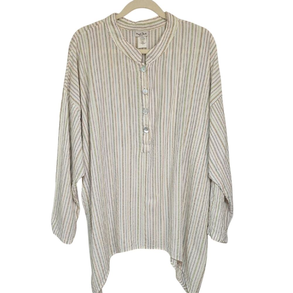 Match Point U.S.A. Sz L Striped Lagenlook Asymetrical Oversized Artsy Top